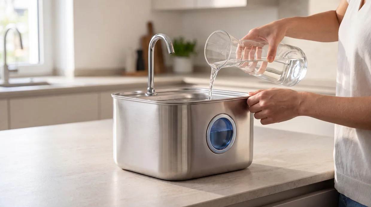 Refilling the HydroPurr fountain's large 3.2L tank in a bright kitchen