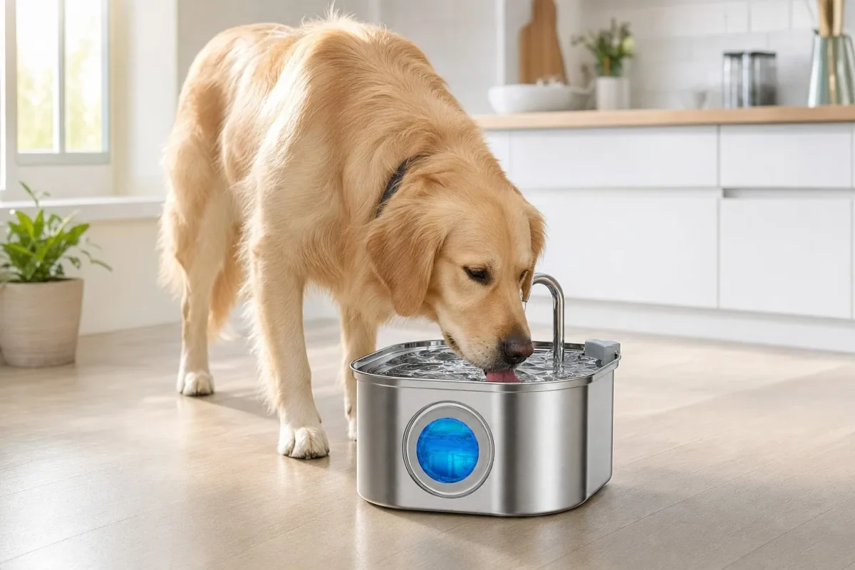 Small dog drinking from the HydroPurr automatic water fountain