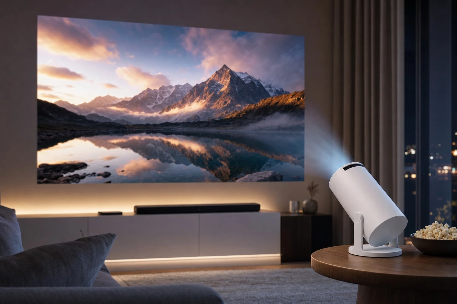 Watching a film projected on the bedroom ceiling from a nightstand
