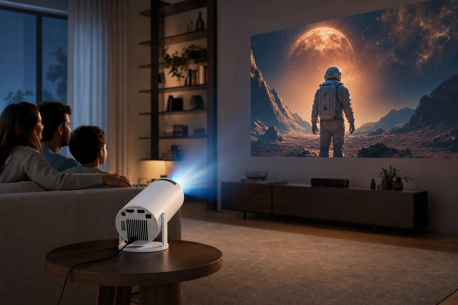 Family movie night with LumiBeam projecting a large picture onto the living room wall