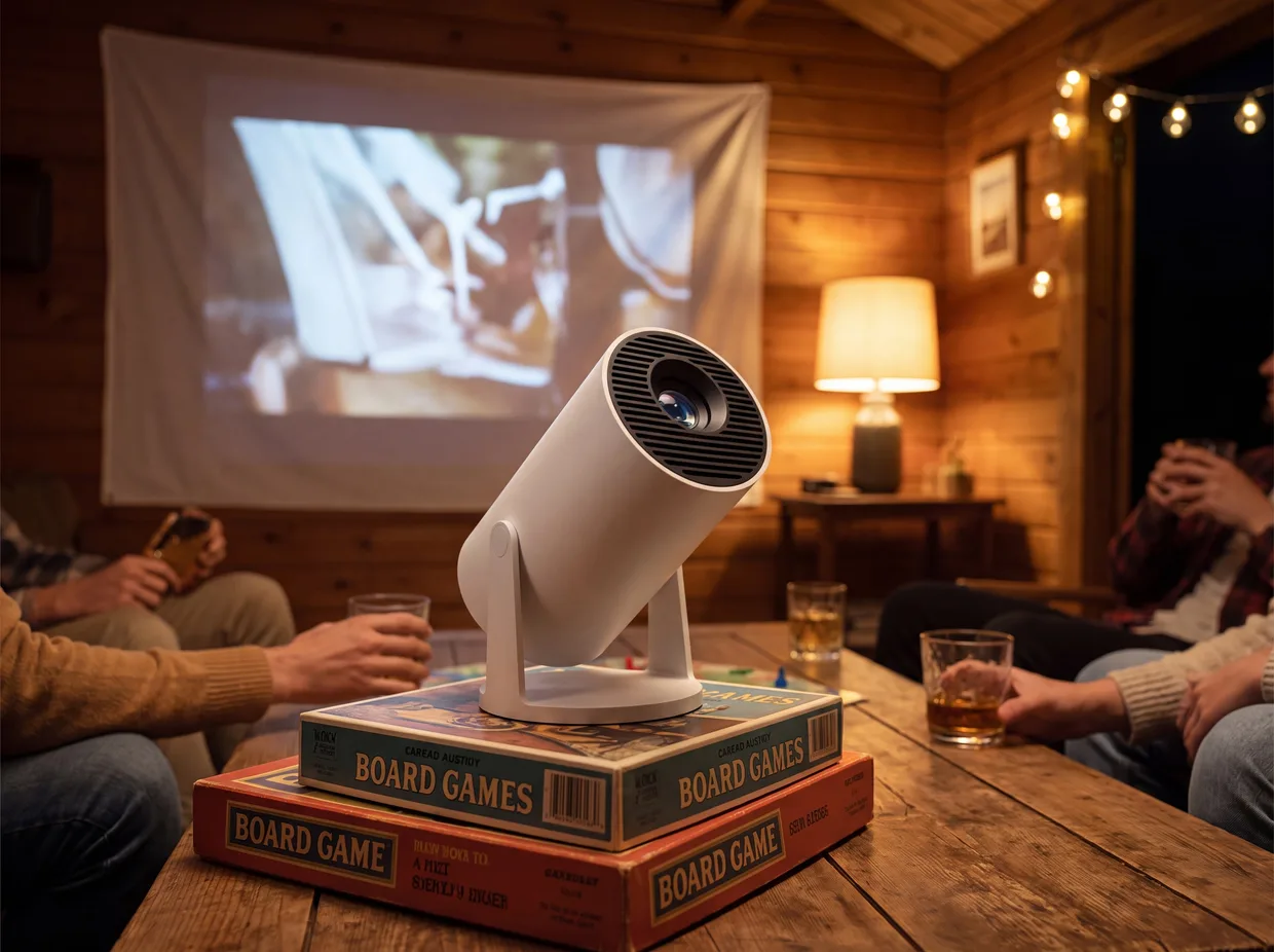 LumiBeam projecting a film onto a white sheet at a summer house gathering