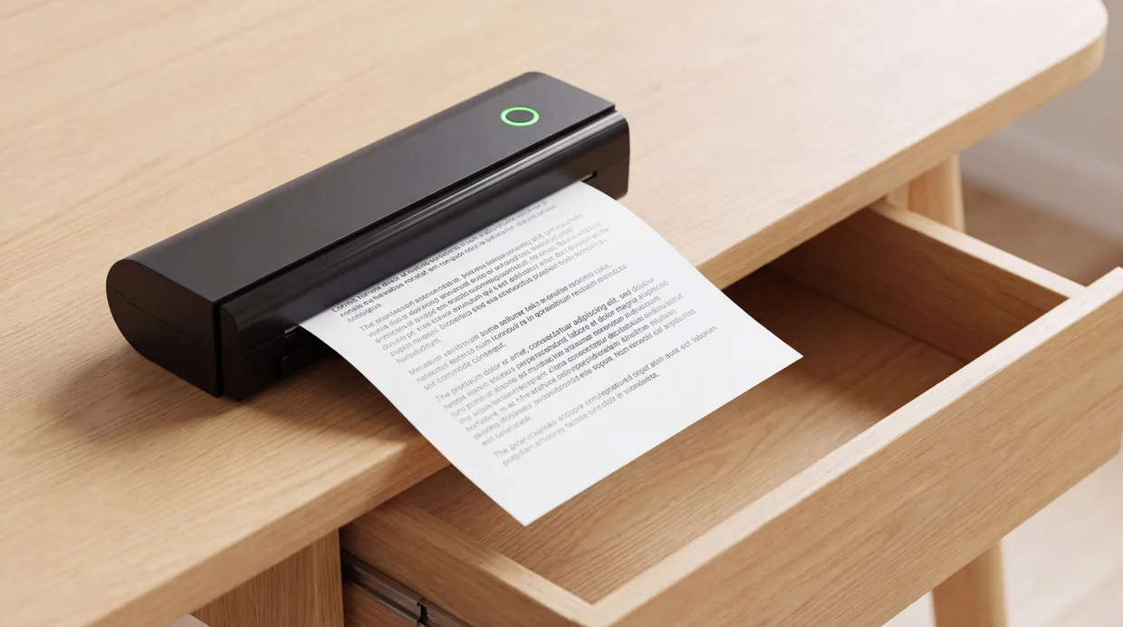 A crisp A4 document emerging from the ThermaGo beside a drawer with no cartridges in it
