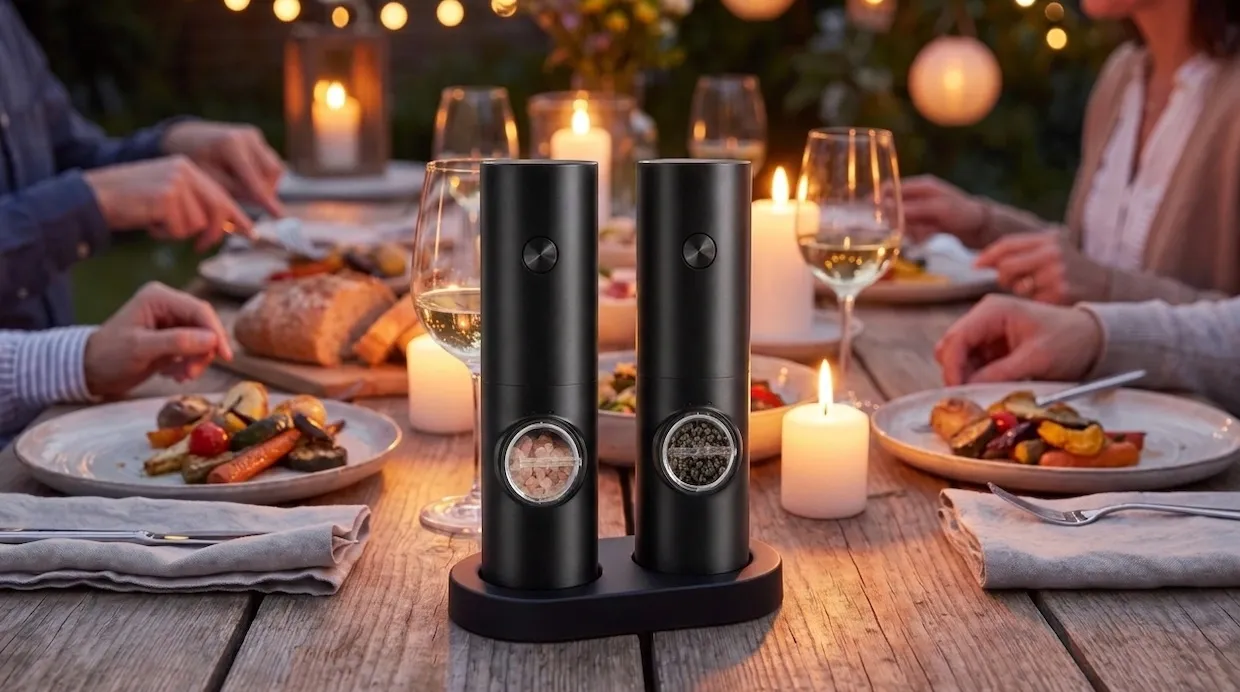 The Voltmill set standing on a candlelit dinner party table among shared dishes