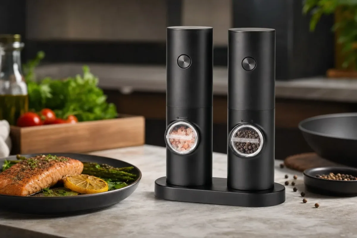 The Voltmill grinder set on a kitchen counter beside a plate of salmon and asparagus