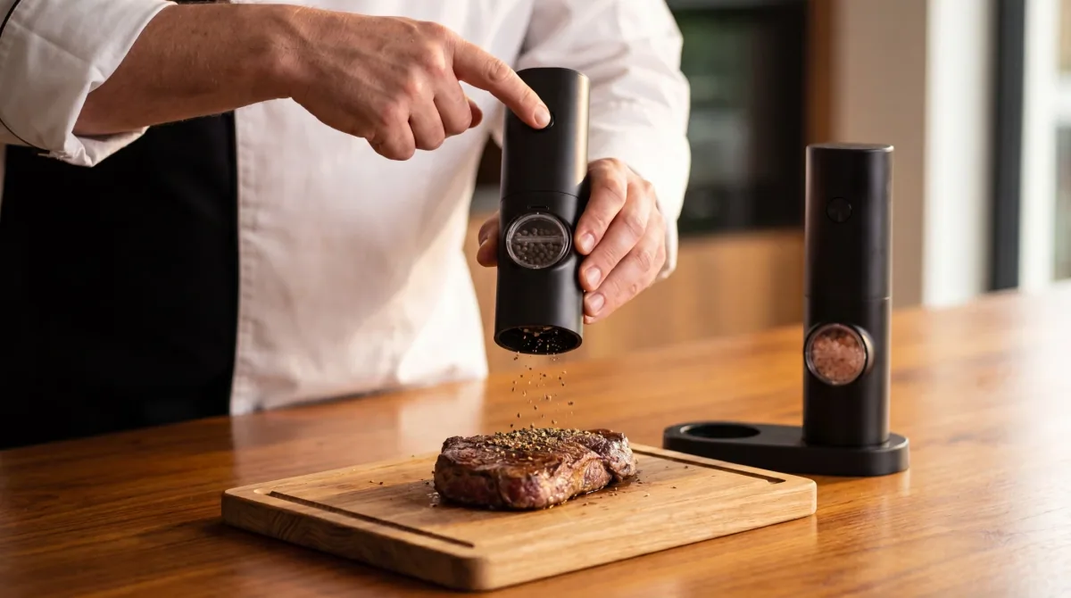 Grinding coarse pepper from the Voltmill directly over a seared steak on a wooden board