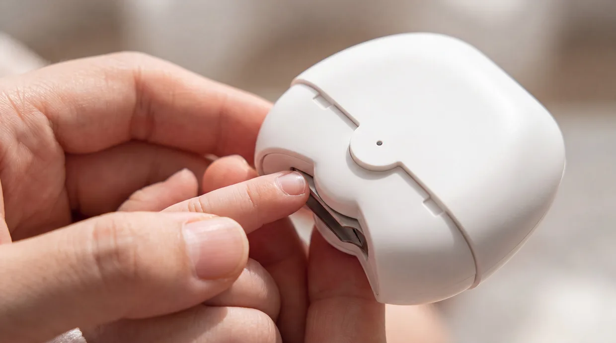 Close-up of a baby's fingertip resting safely at the ZippyClip arc opening