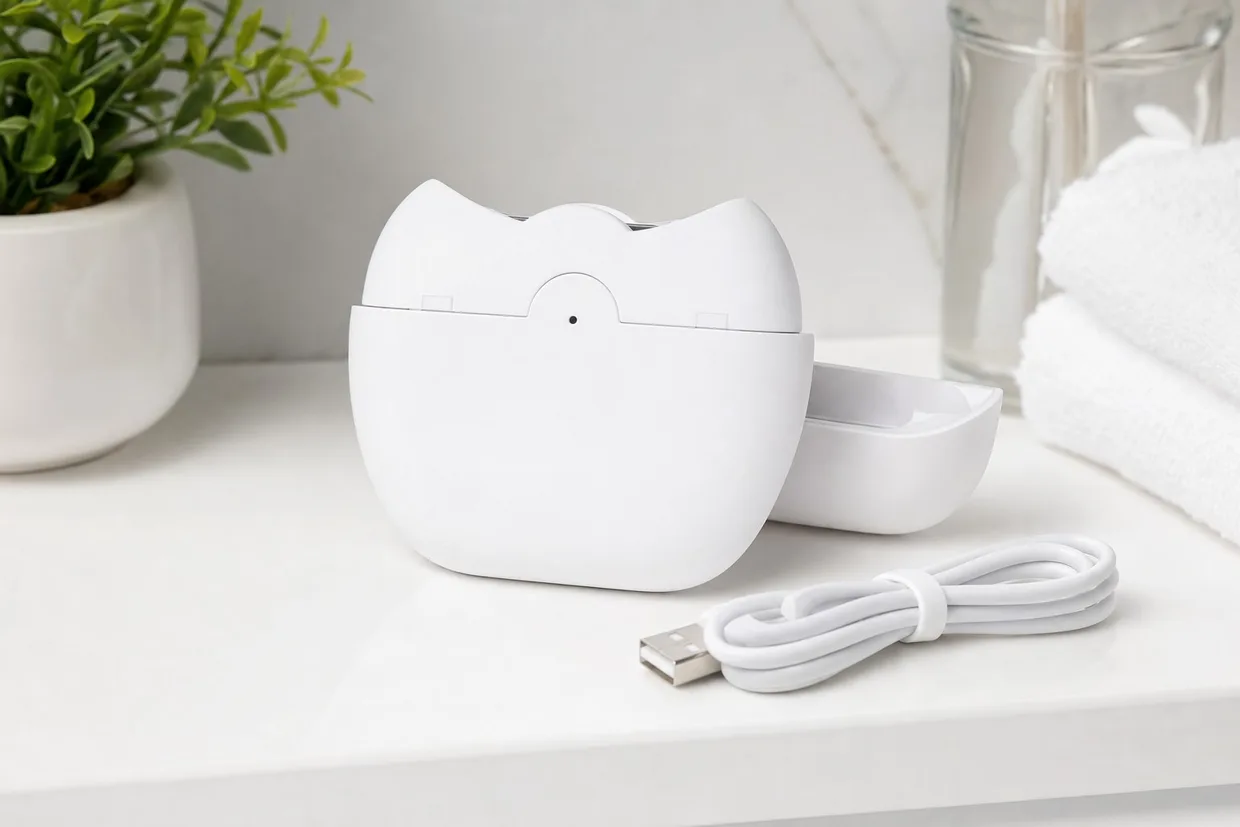 ZippyClip on a bathroom shelf with its USB cable and the clippings chamber open